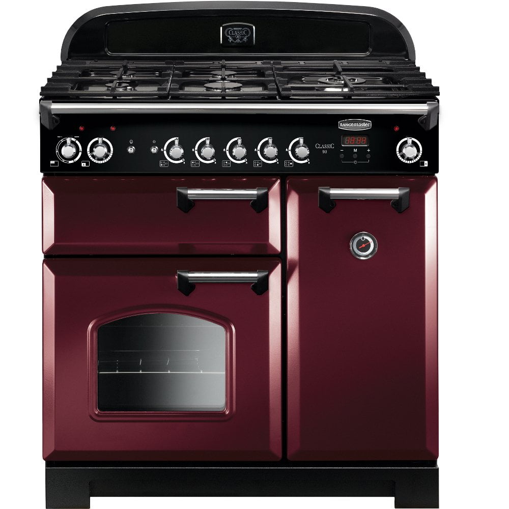 Rangemaster CLA90DFFCY/C Classic Cranberry with Chrome Trim 90cm Dual Fuel Range Cooker