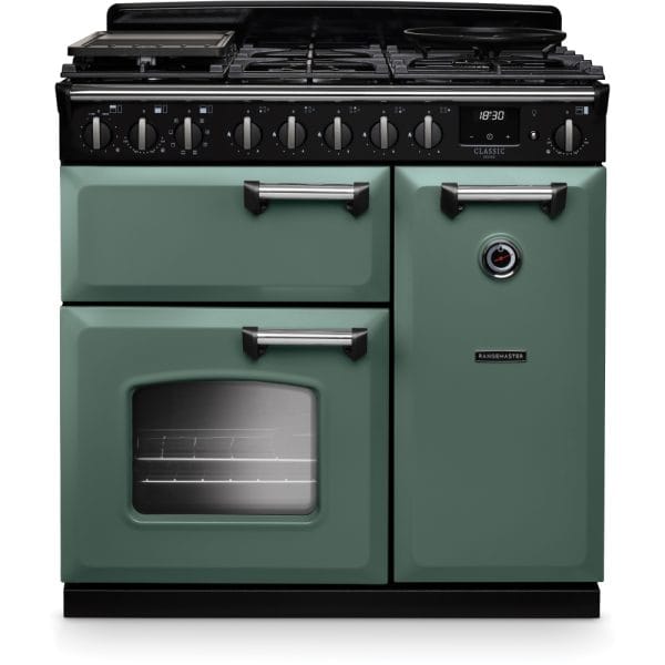 Rangemaster CLDL90DFPMGR/CM1 Classic Deluxe Mineral Green with Chrome Trim 90cm Dual Fuel Range Cooker