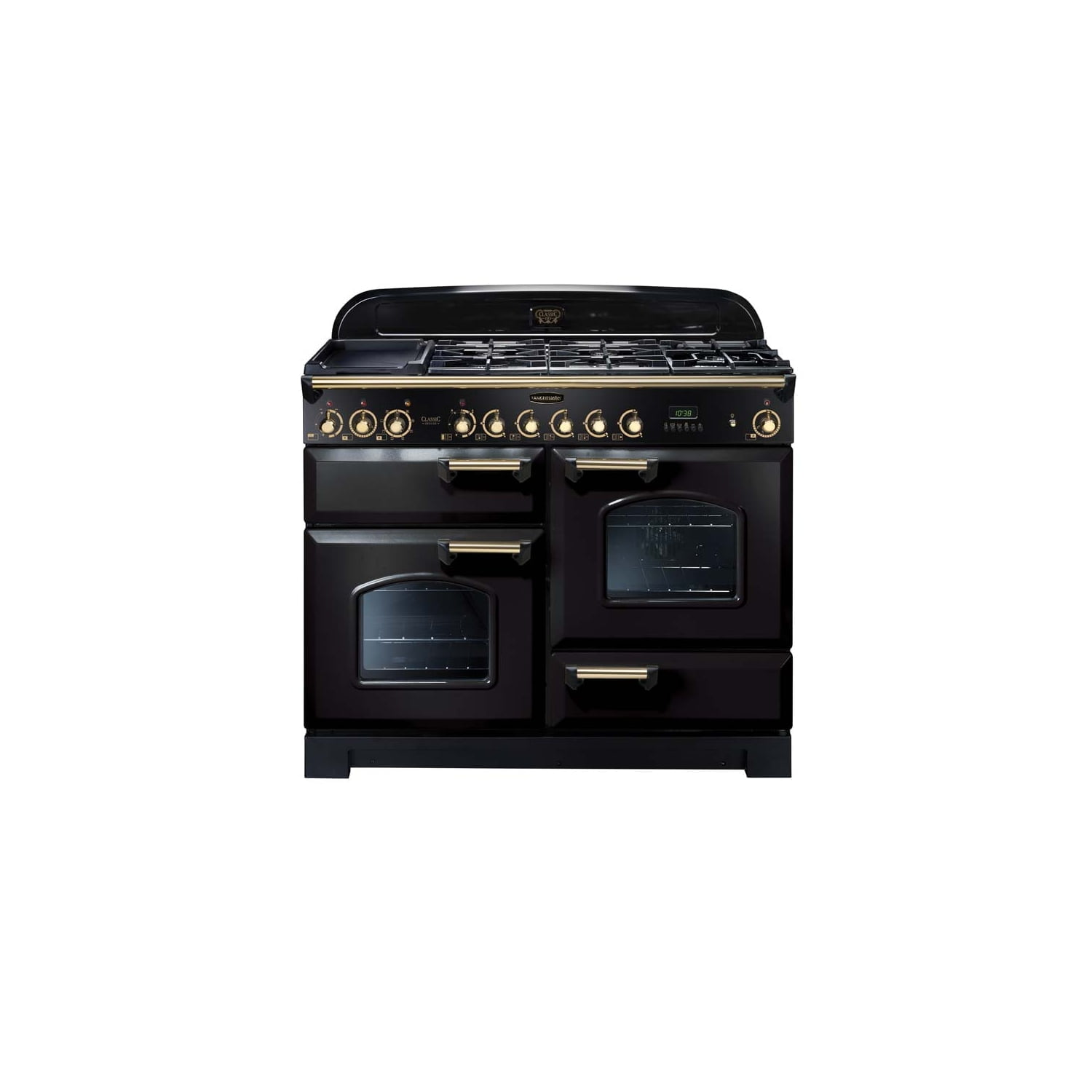 Rangemaster CDL110DFFBL/B Classic Deluxe Gloss Black with Brass Trim 110cm Dual Fuel Range Cooker