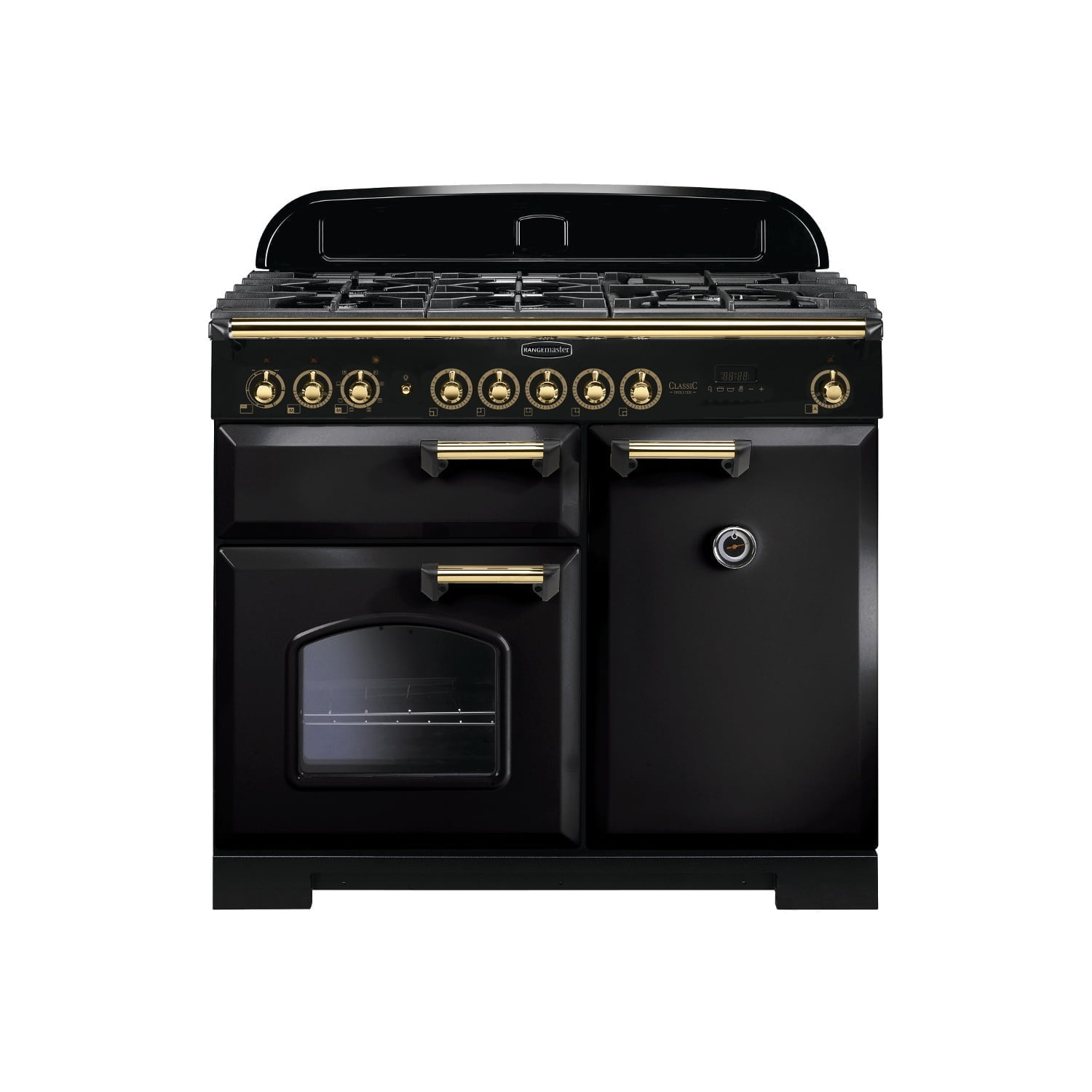 Rangemaster CDL100DFFBL/B Classic Deluxe Gloss Black with Brass Trim 100cm Dual Fuel Range Cooker