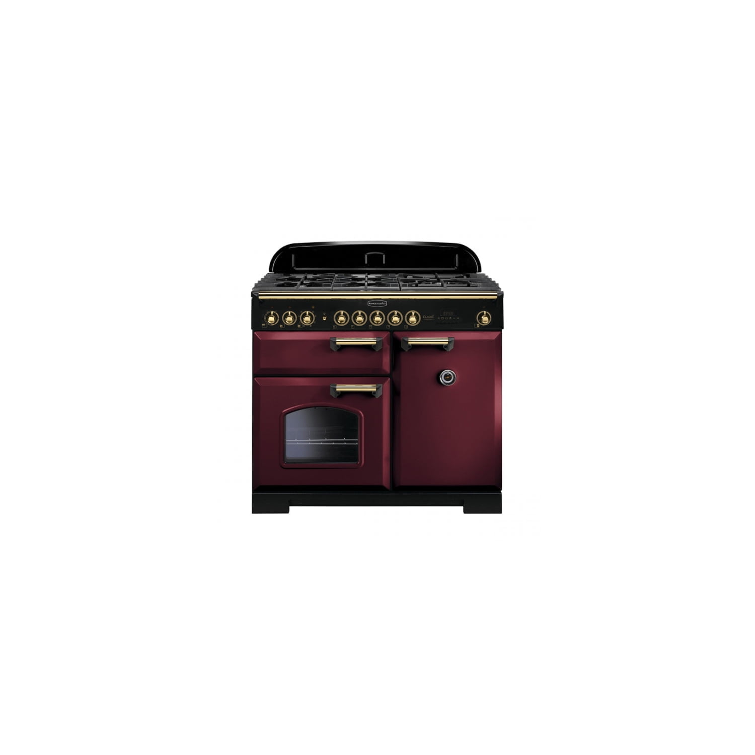 Rangemaster CDL100DFFCY/B Classic Deluxe Cranberry with Brass Trim 100cm Dual Fuel Range Cooker