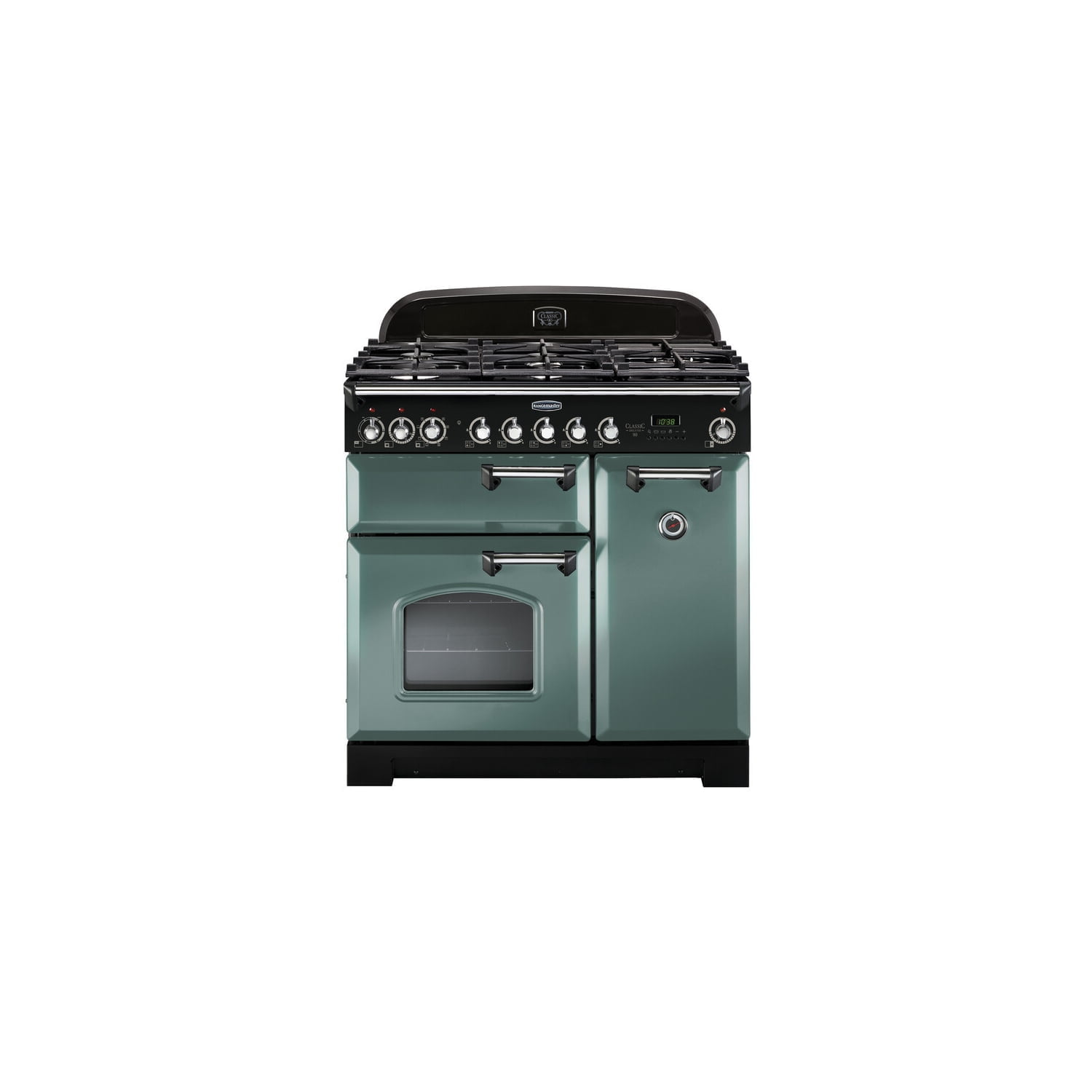 Rangemaster CDL90DFFMG/C Classic Deluxe Mineral Green with Chrome Trim 90cm Dual Fuel Range Cooker