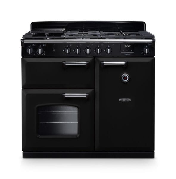 Rangemaster CL100DFPGBL/CM1 Classic Gloss Black with Chrome Trim 100cm Dual Fuel Range Cooker