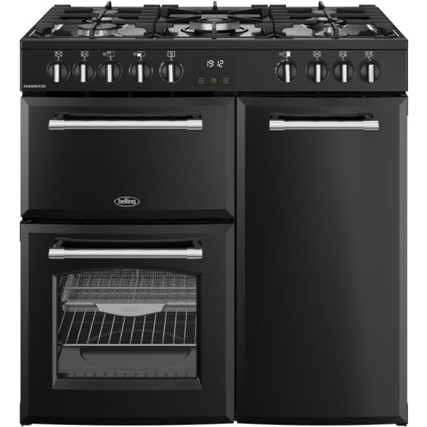 Belling Farmhouse 90DF 90cm Dual Fuel Range Cooker, Black, A Rated