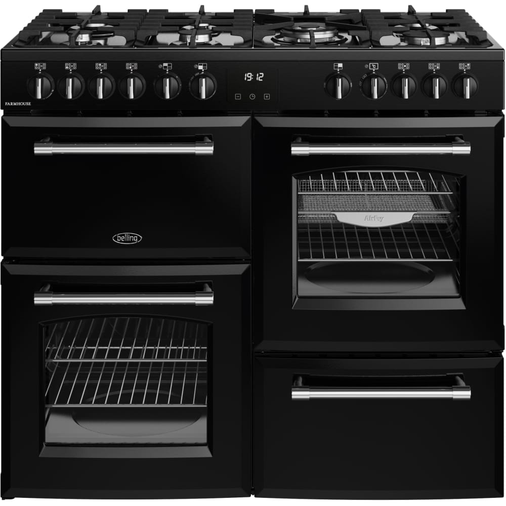 Belling Farmhouse 100DF 100cm Dual Fuel Range Cooker, Black, A Rated